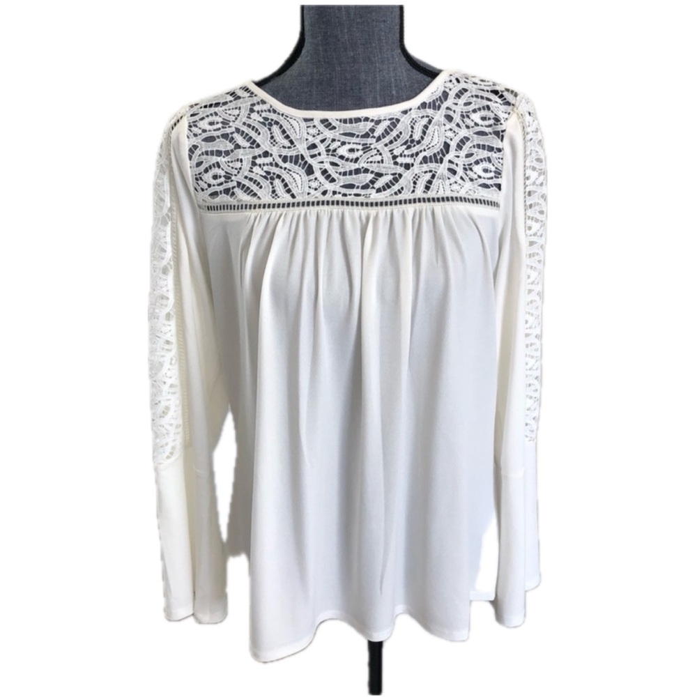 NWT Adrianna Papell Lace Yoke Bell Sleeve Top